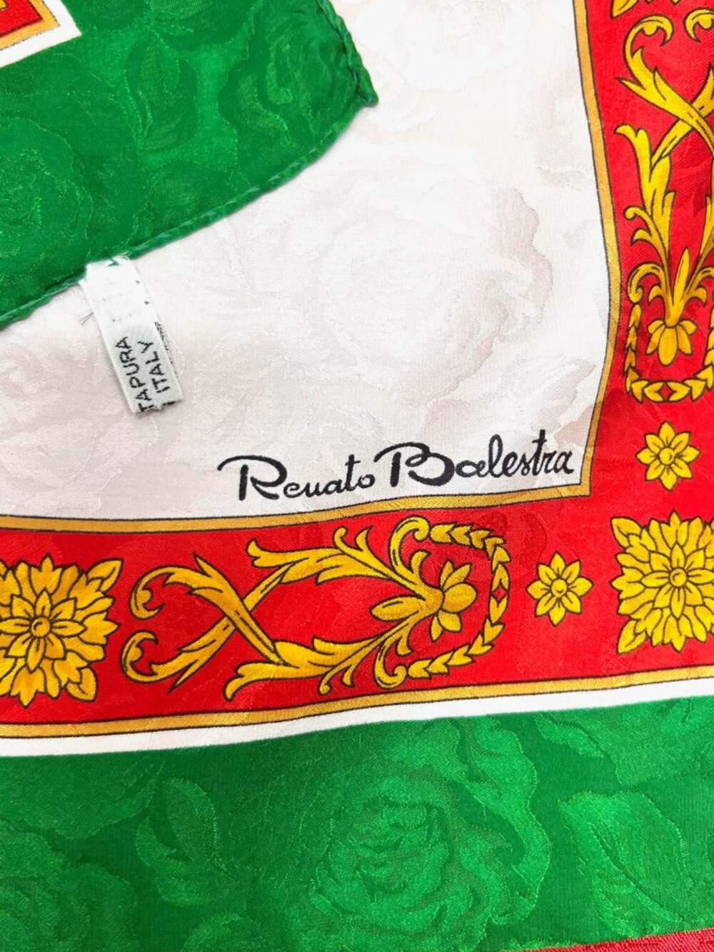 New W/Box Italy Made Renato Balestra 100% Silk Scarf 34" Green Ivery Red (66) - Picture 11 of 15